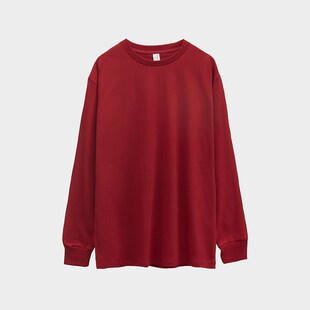 酒红色枣红全棉重磅250g纯棉圆领长袖T恤男女打底衫厚实宽松内搭T