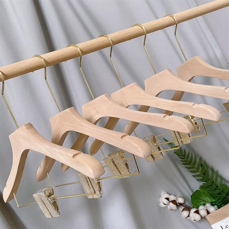女装无漆原木实木套装衣架 西服整套衣撑裤夹金色夹子木质连体架