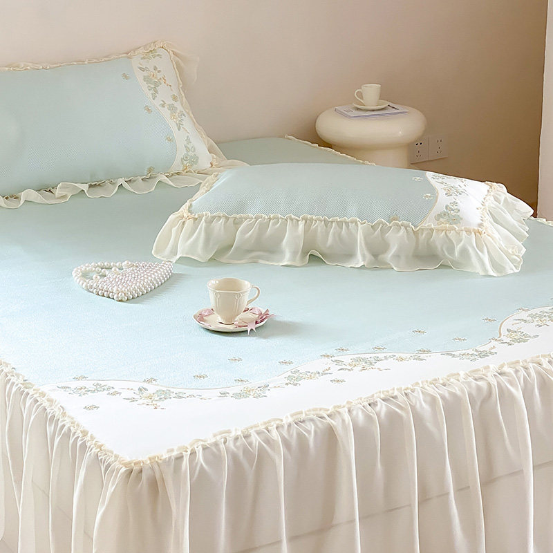 小清新夏季冰丝凉席三件套少女心1.5m床裙款刺绣空调软席子可水洗,床上用品,冰丝席,淘宝优惠券,粉丝福利购,淘宝优惠卷