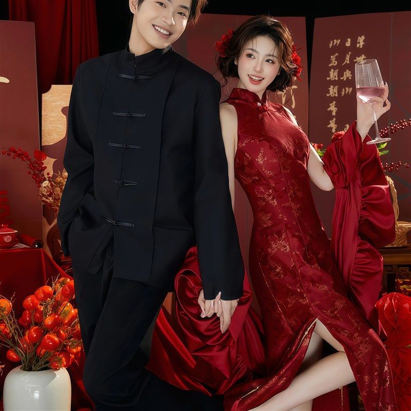 新中式礼服男中山装o敬酒服订婚宴登记领套装黑色盘扣高级感立领,男装,西服套装,淘宝优惠券,粉丝福利购,淘宝优惠卷