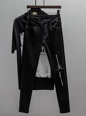 美式潮牌破洞牛仔裤男黑色春夏季2023新款膝P盖拉链修身九分小脚