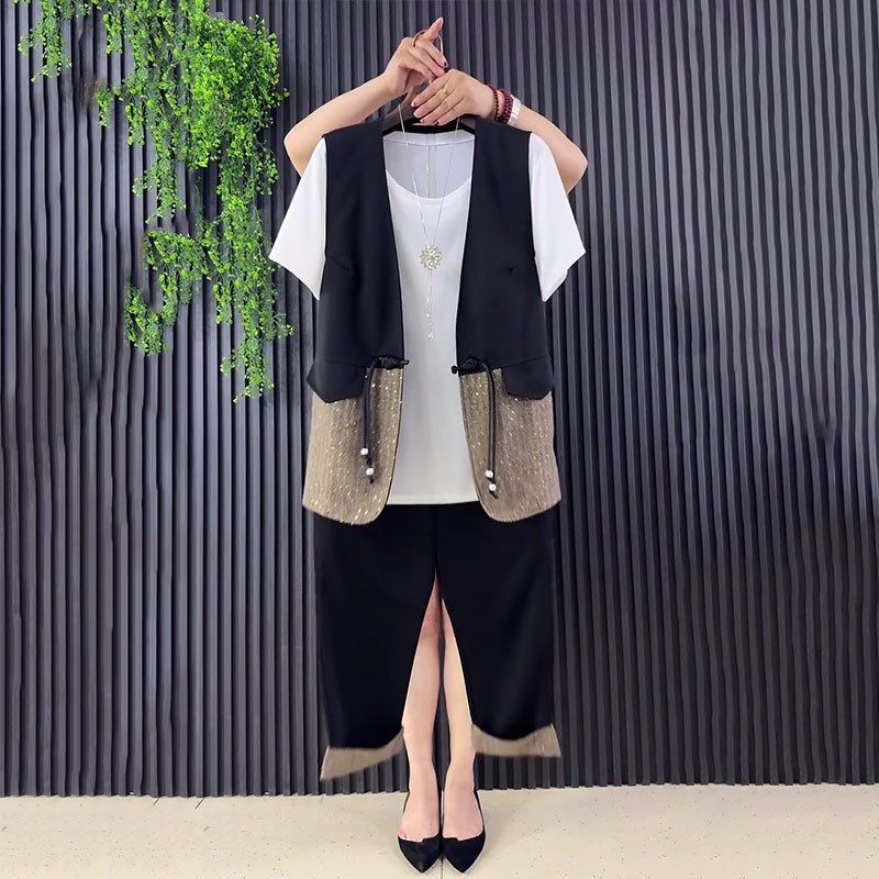 加肥女V领流苏扣拼色底摆马甲圆领短袖T恤挽脚裤胖妹妹通勤三件套,女装/女士精品,大码套装,淘宝优惠券,粉丝福利购,淘宝优惠卷