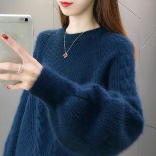 麻花套头毛衣女宽松外穿2024秋冬新款慵懒风灯笼袖针织打底衫加厚