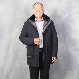中老年人爸爸男士秋冬季男装x加肥加大码宽松毛领棉衣可脱帽子棉