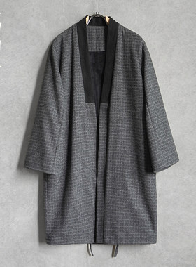 秋冬男士休闲毛呢加绒中长款汉服开G衫风衣披风复古潮流道袍外套