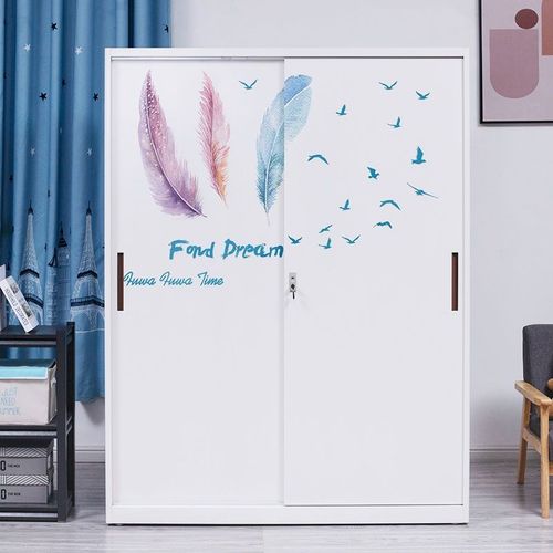 环保铁皮衣柜家用卧室推拉门简约儿童卡通衣柜阳台防潮带锁储物柜