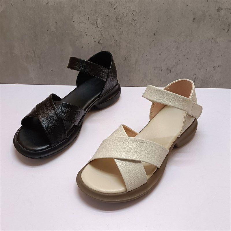 处理2023夏季女鞋韩版舒适低跟方跟露J趾包跟复古真皮牛皮女凉鞋,女鞋,时装凉鞋,淘宝优惠券,粉丝福利购,淘宝优惠卷