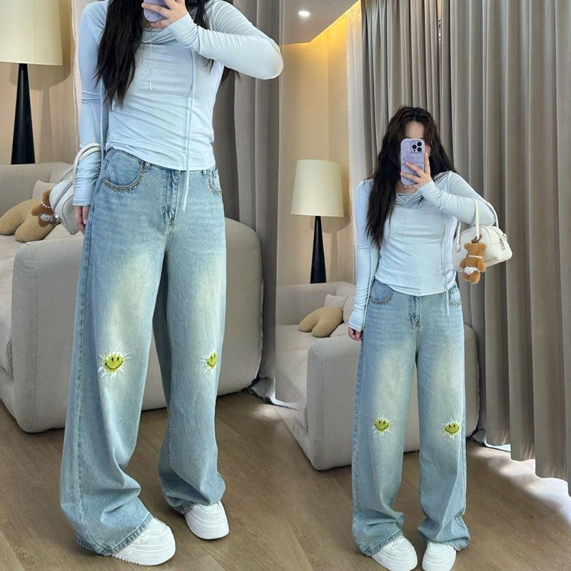 梨形身材胖mm春季新款大码阔腿裤牛仔裤宽松高腰直筒拖地休闲长裤,女装/女士精品,大码裤装,淘宝优惠券,粉丝福利购,淘宝优惠卷