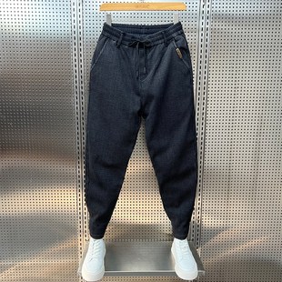 秋冬加绒裤子男潮流n提花小脚牛仔裤韩版修身弹力哈伦裤休闲长裤