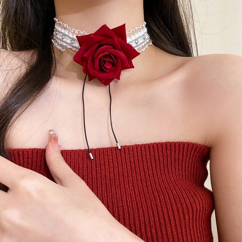 红色玫瑰花蕾丝choker项链新款2024爆款配O饰女秋冬高级感颈带颈,饰品/流行首饰/时尚饰品新,项链,淘宝优惠券,粉丝福利购,淘宝优惠卷