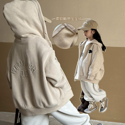 女童加绒外套秋冬款202s3新款儿童秋装洋派卫衣男童棒球服童装上