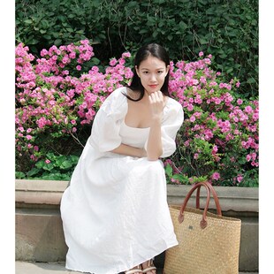 quotidien|荔|云白A色宫廷风仙气泡泡袖方领亚麻连衣裙
