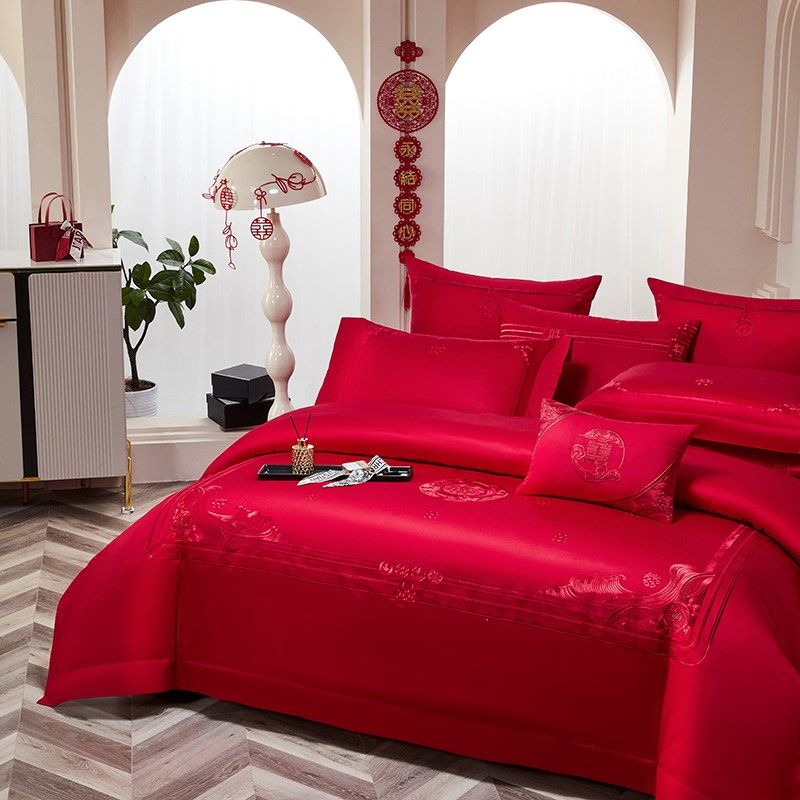 新婚喜床四件套大红色全棉纯棉高级感结婚L庆婚被婚礼床品龙凤高,床上用品,婚庆床品套件,淘宝优惠券,粉丝福利购,淘宝优惠卷