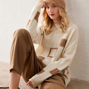 24秋冬新款方块提花羊绒衫女局部镂空格子休闲毛衣宽松针织打底衫