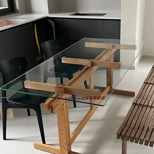 长方形餐桌钢化玻璃长桌实木办公桌原木家用极R简书桌泡茶桌茶台