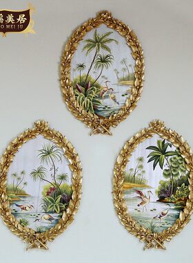 欧式奢华金箔彩绘三联木版画法式客厅玄关装饰画别Y墅椭圆形挂画
