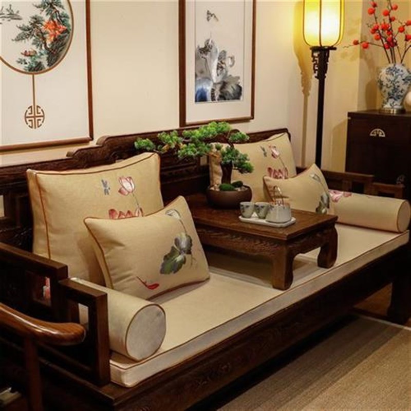中式红木沙发坐垫套罩盖巾棉麻布艺靠背J巾实木罗汉床垫子盖布防