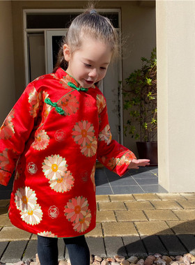 女童长袖旗袍2021秋冬款中国风红色儿童拜年服礼服U小女孩唐装汉