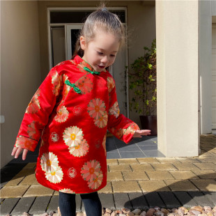 女童长袖旗袍2021秋冬款中国风红色儿童拜年服礼服U小女孩唐装汉