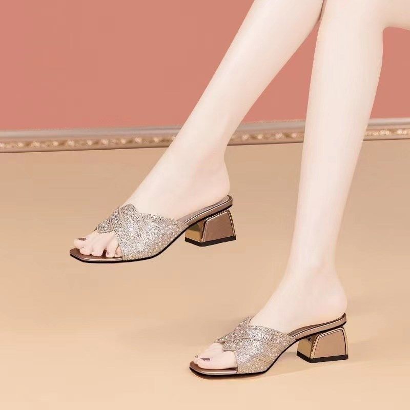 水钻中跟拖鞋20j24年夏新款方头仙女风外出凉拖鞋时尚百搭粗跟凉,女鞋,一字拖,淘宝优惠券,粉丝福利购,淘宝优惠卷