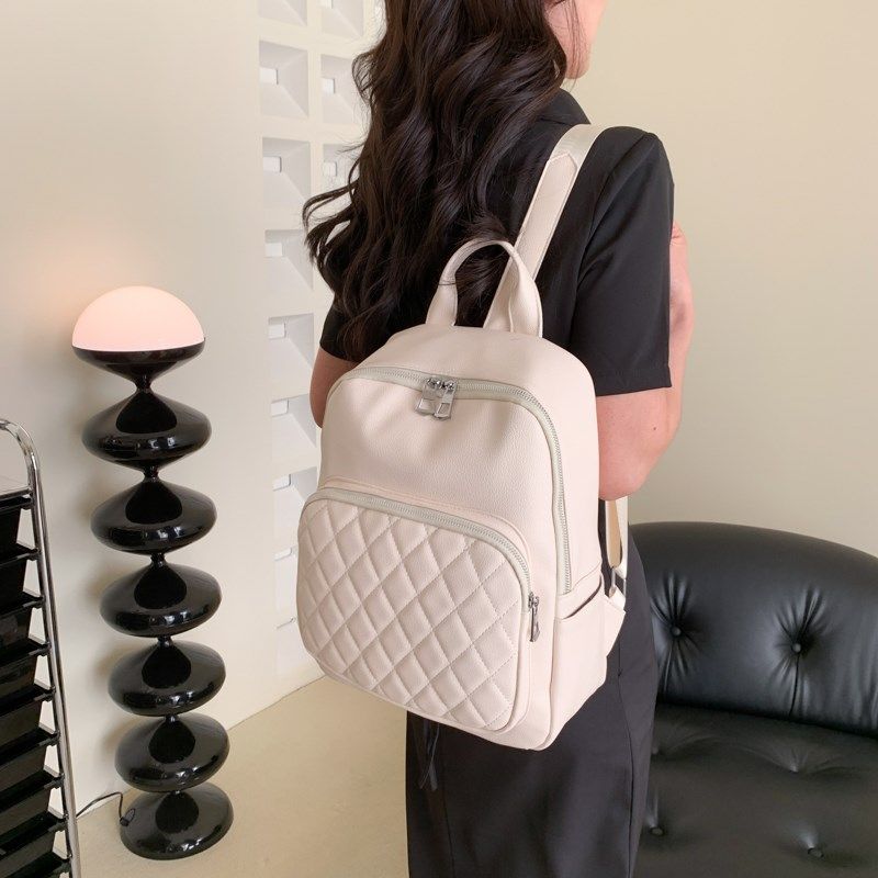 韩版时尚百搭潮流双肩包大容量软皮女士背包简约绣线菱形学生书包