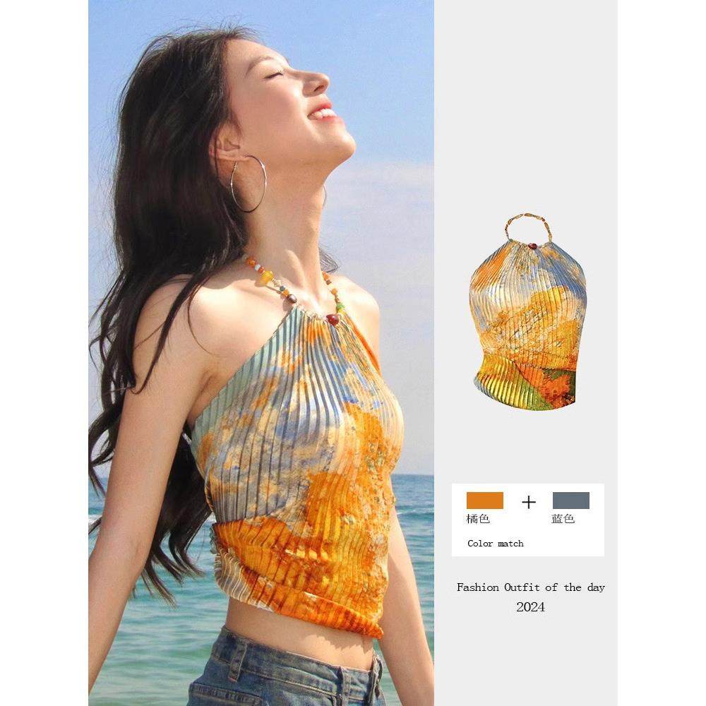 挂脖吊带背心女海边度假挖肩辣妹小吊带今年流行的漂亮油画上衣