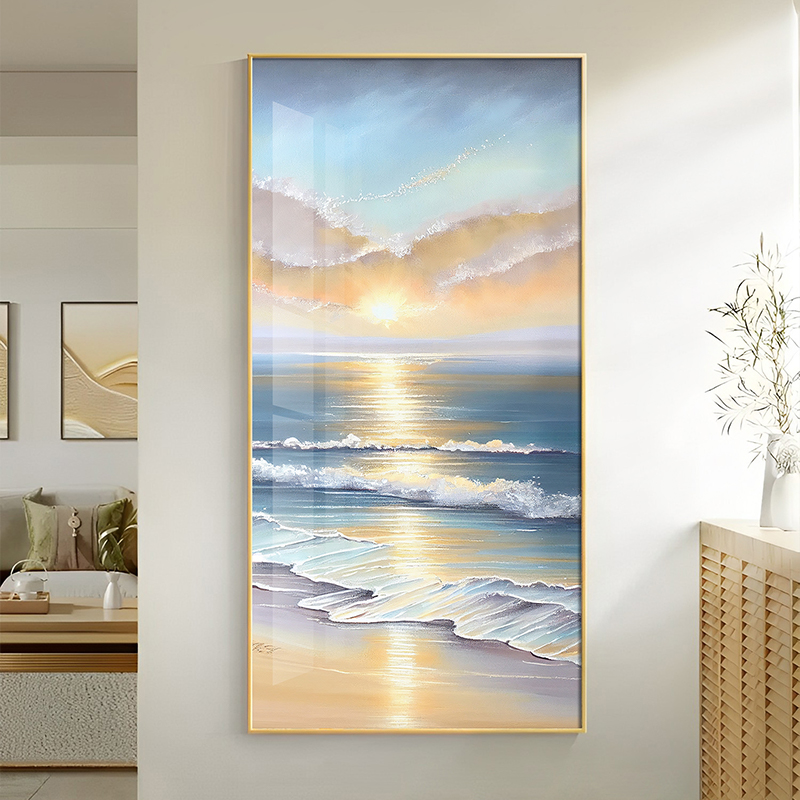 奶油风玄关装饰画发光带灯海景走廊过道挂画现代入户客厅竖版壁画