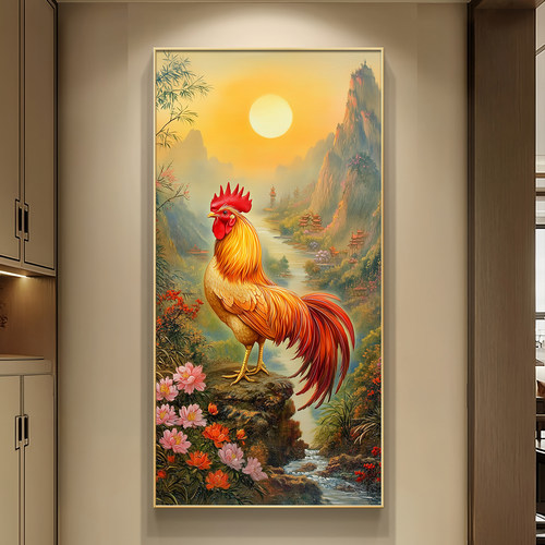大鸡大利玄关装饰挂画 画镇宅山水画 画发光高档带灯入户门大红色