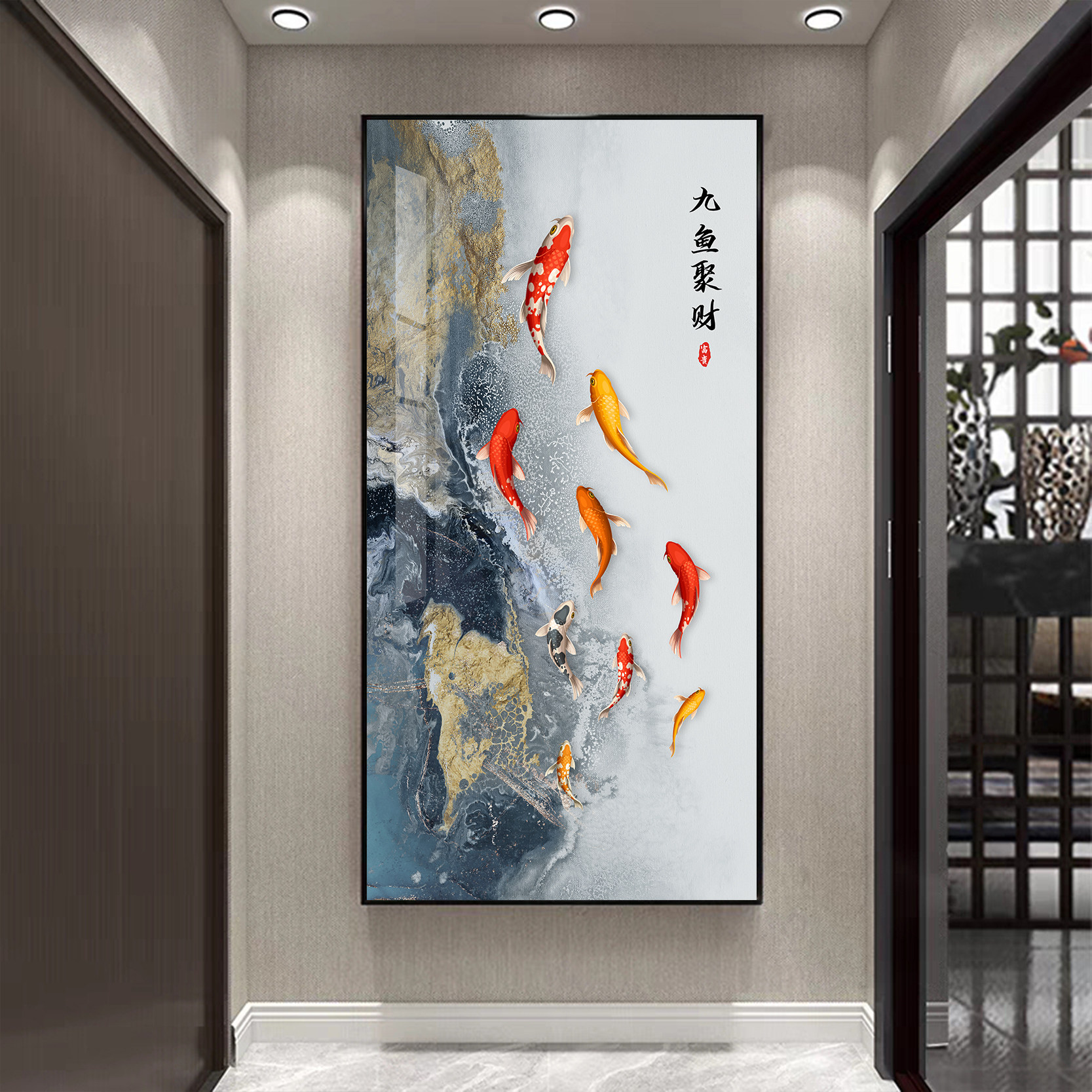 九鱼聚财现代镶钻晶瓷发光入户玄关装饰画 画走廊挂画 画过道客厅