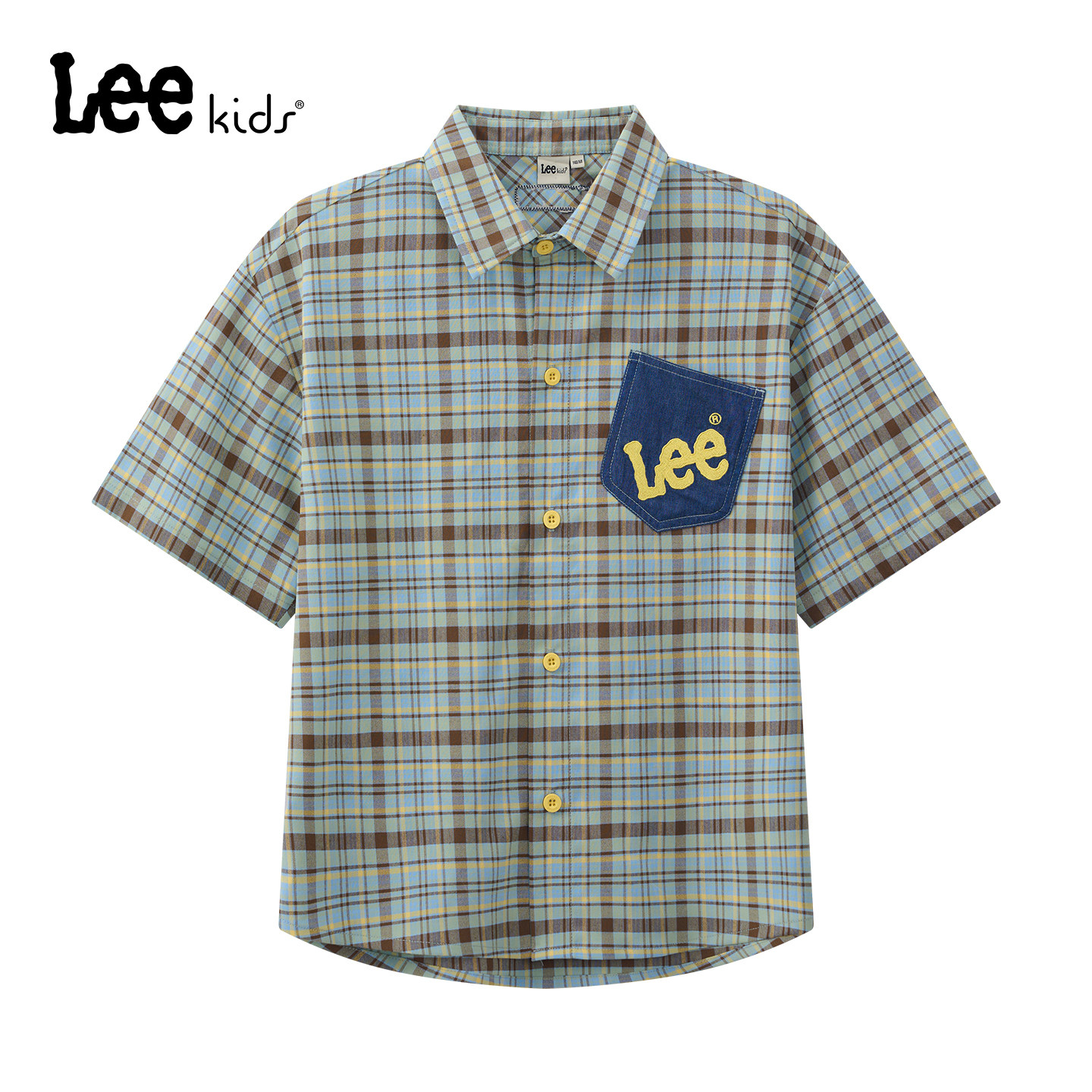 Lee kids童装经典格子翻领短袖衬衫男女中大童宽松潮流百搭上衣