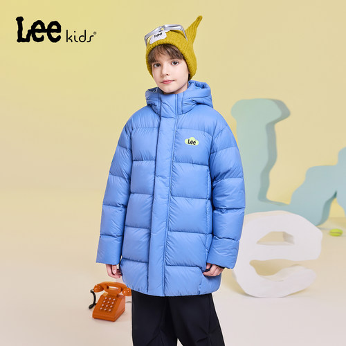 Lee kids儿童连帽羽绒服冬季保暖加厚白鸭绒中长款羽绒外套男女童