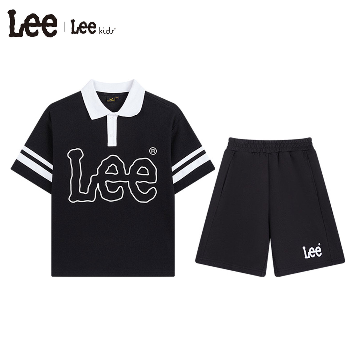 Lee kids儿童套装短袖学院风时尚男童女童夏季polo领T恤短裤2件套图片