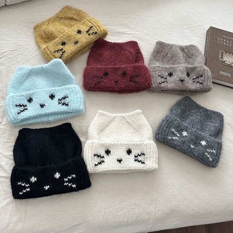 韩版可爱猫咪针织毛线帽子女款秋冬季保暖百搭平角帽显脸小成人帽