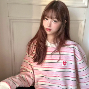 美式复古粉色条纹长袖t恤女早秋爱心可爱打底衫百搭宽松显瘦上衣