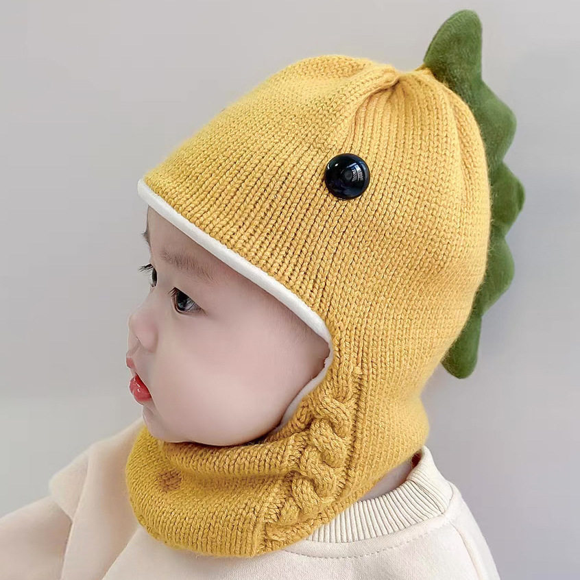 冬季可爱恐龙宝宝防风抗寒围脖口罩一体厚帽子婴儿针织加绒护耳帽