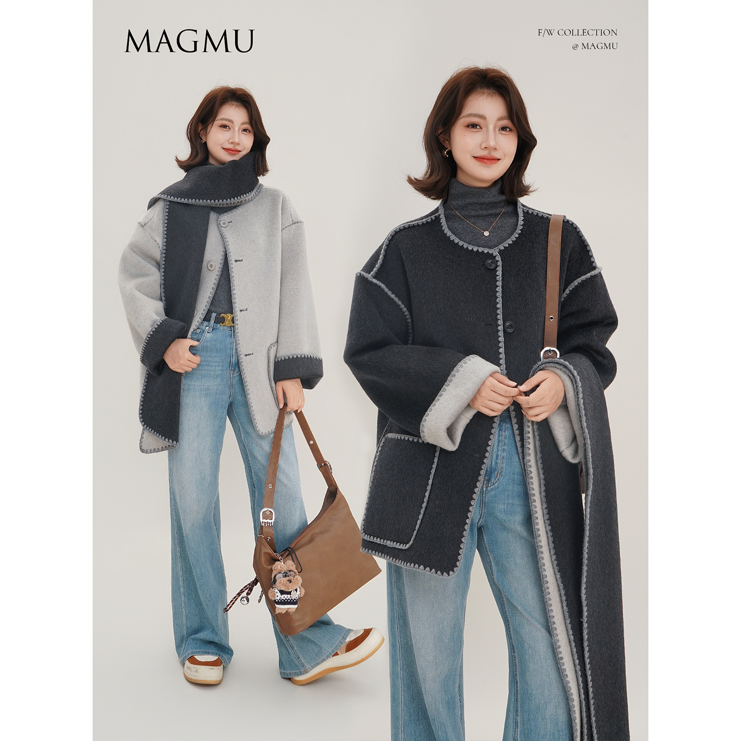 麦格牧【双子星】双面双色羊毛呢大衣女廓形短款外套25年秋冬新款