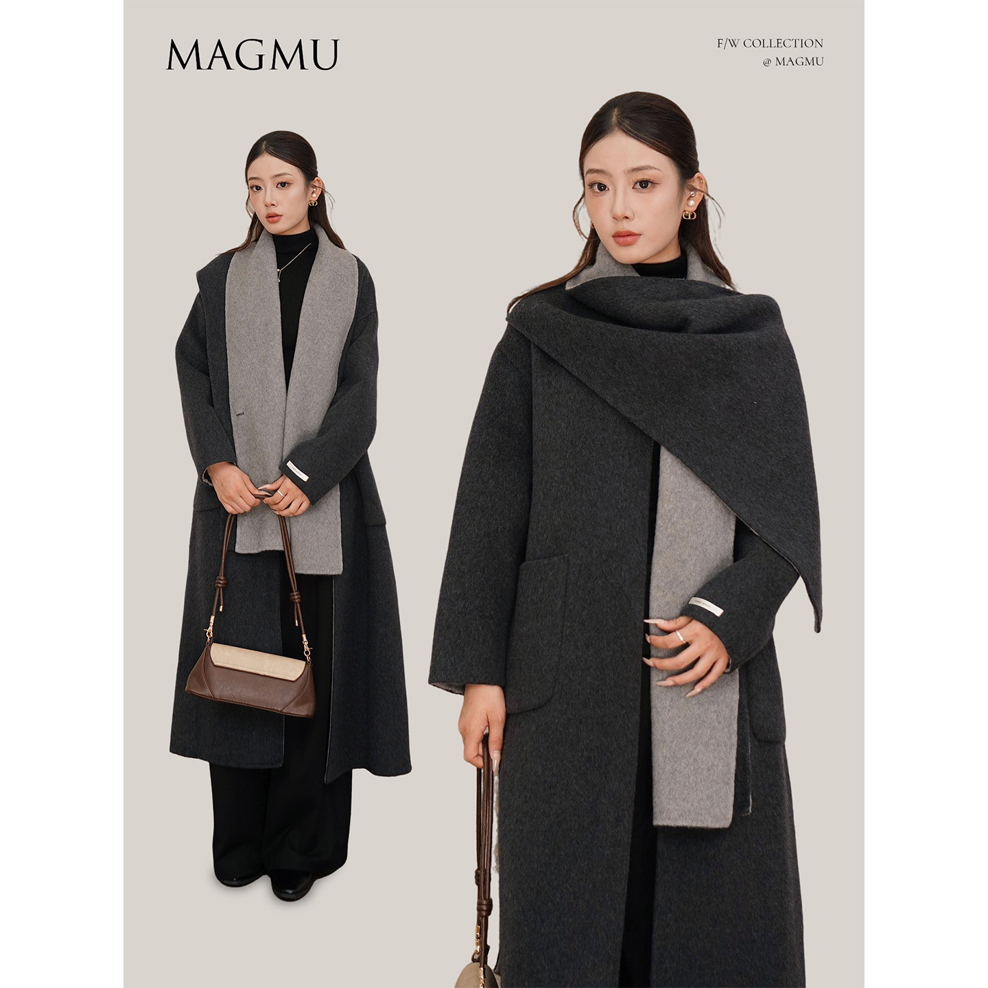 麦格牧【克里斯汀】羊毛双面呢大衣女中长款外套25年秋冬新款