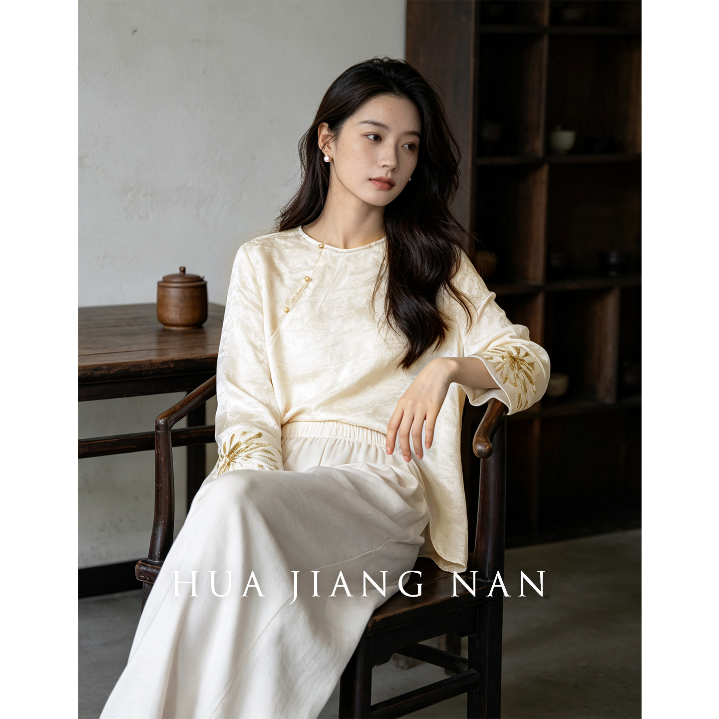 话江南【凝香】长袖新中式提花外套国风白色衬衫2026新款绣花上衣图片