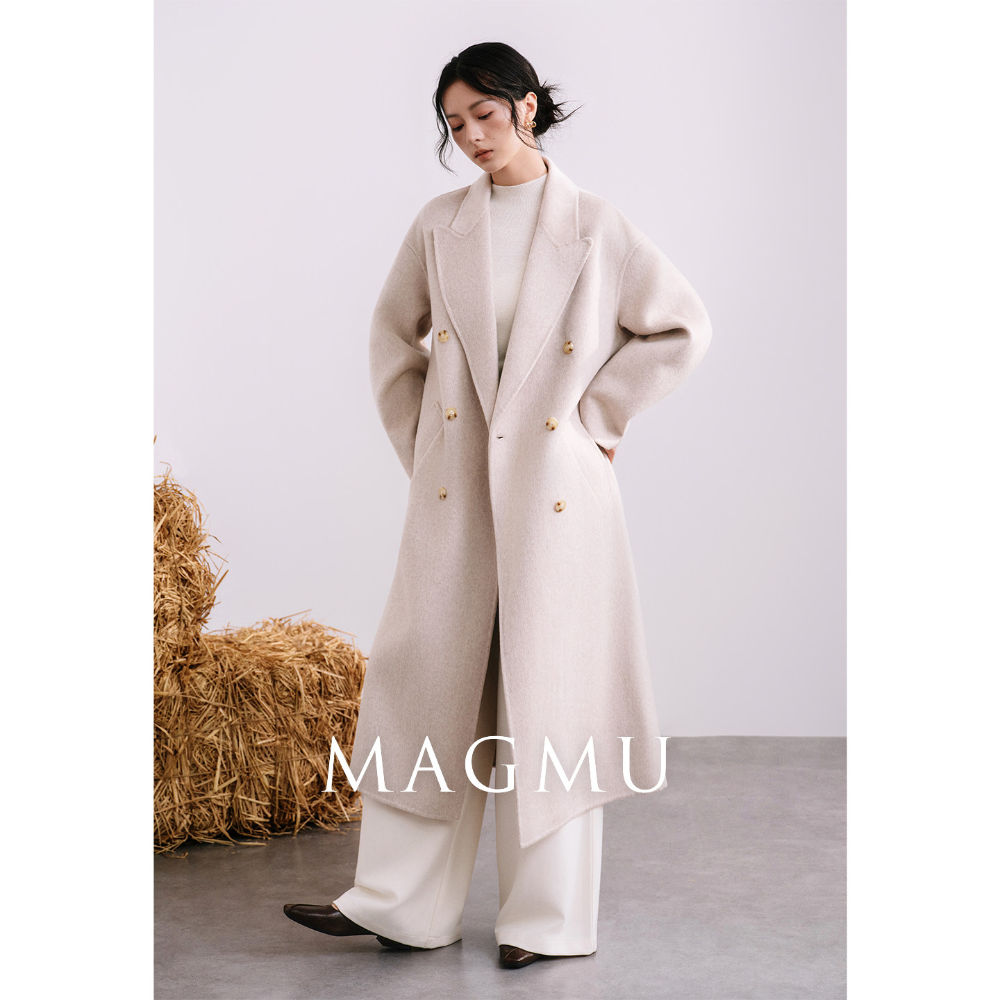 麦格牧【弥川】羊毛双面呢大衣女中长款山羊绒外套25年秋冬新款