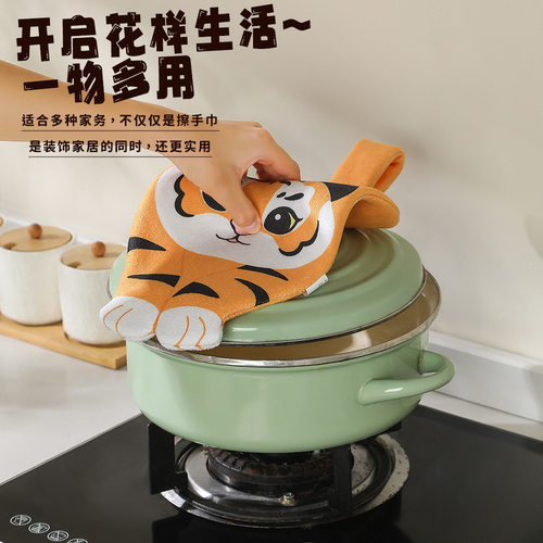 萌趣动物印花擦手巾创意可爱磨毛挂式毛巾吸水速干家用手帕不掉毛
