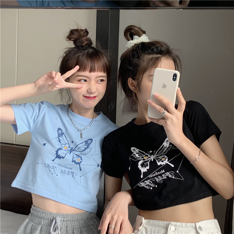 闺蜜姐妹装短款短袖t恤女2025夏季新款韩版潮露脐原宿风学生上衣