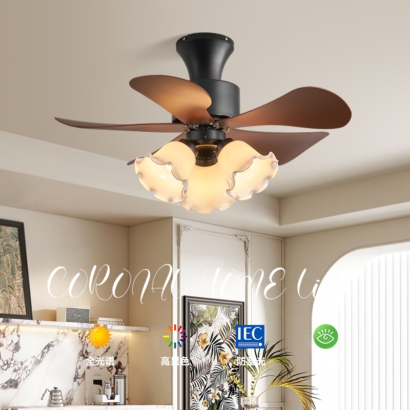 中古吸顶风扇灯复古胡桃木色电扇室法式高级静音吊扇灯灯餐厅卧