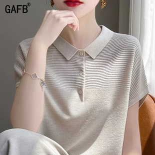 女装 翻领条纹显瘦大码 夏季 薄款 上衣 短袖 冰丝针织衫 t恤女2024新款