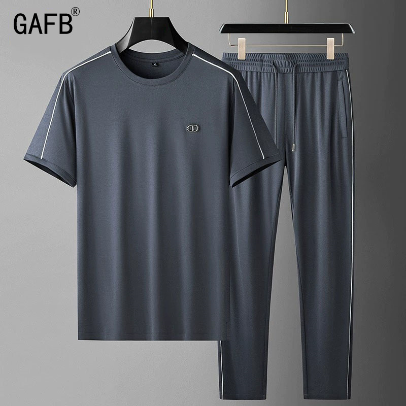 GAFB休闲运动套装男夏季薄款透气圆领短袖T恤套装速干冰丝运动裤