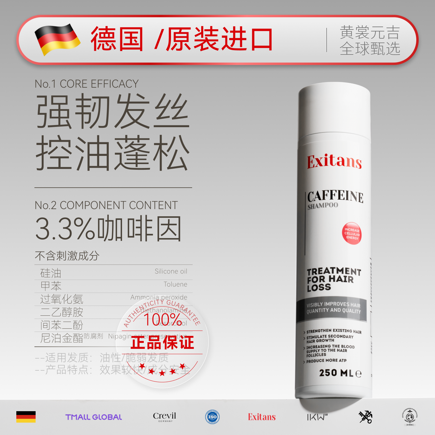 德国原装进口】防脱洗发水咖啡因头皮蓬松控油去屑固发洗头膏男