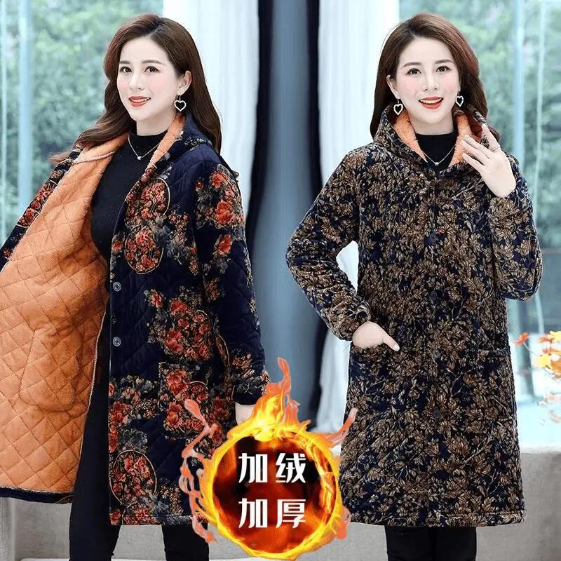 四川省服中老年棉衣女加绒加厚罩衣女中长款妈妈装保暖棉衣女外穿