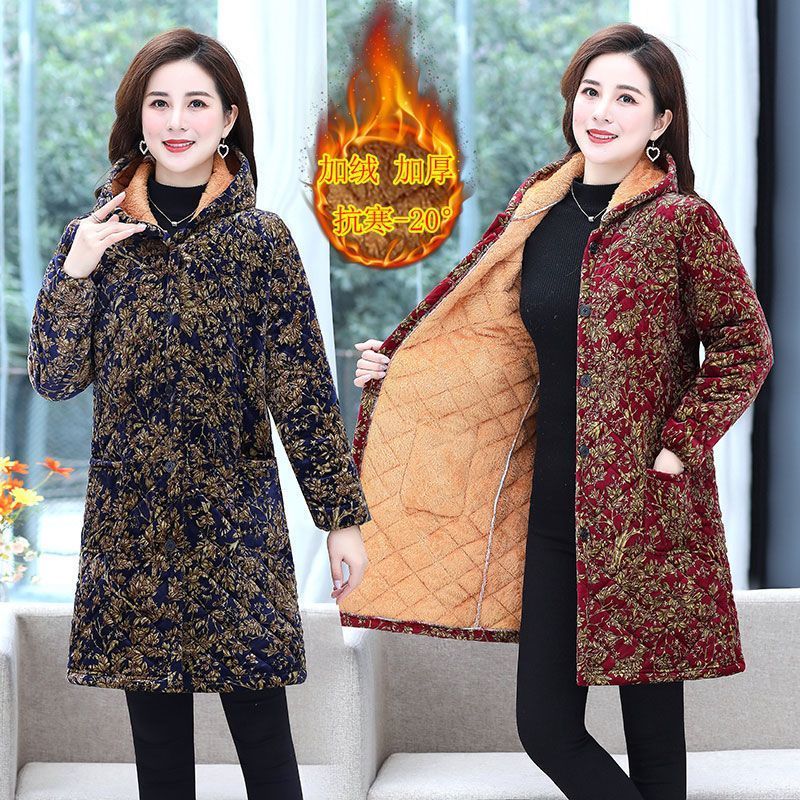 四川省服妈妈冬季新款印花棉大衣中年女连帽加绒加厚棉衣外套50岁