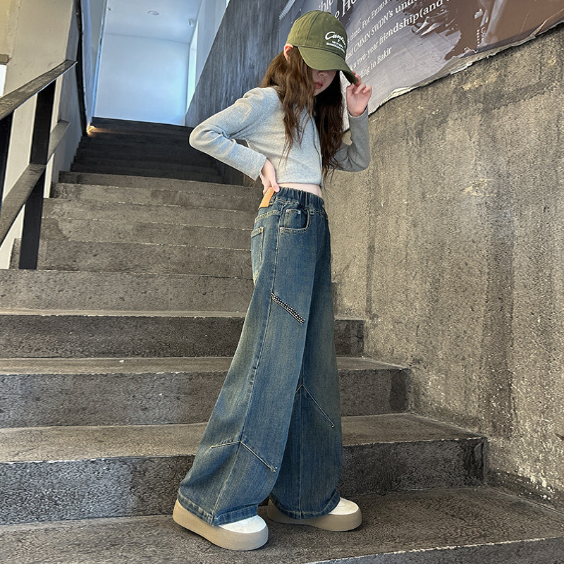 宽阔腿牛仔裤女童弯刀裤洋气衣服韩系新品舒适高级感帅气休闲裤