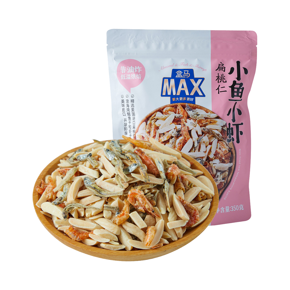 盒马MAX扁桃仁小鱼小虾350g袋装非油炸低温烘焙鱼干即食零食坚果