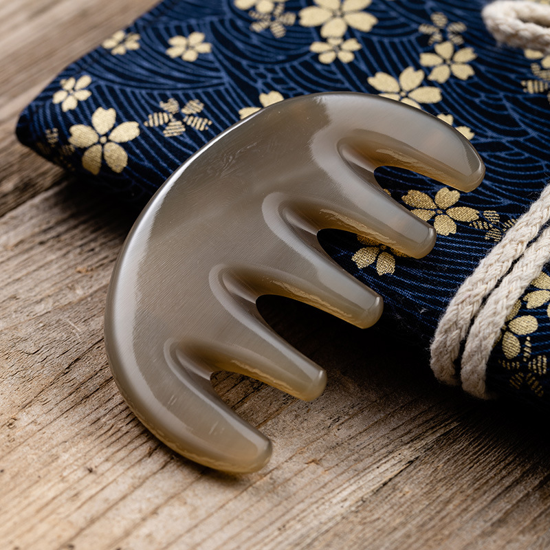 白牦牛角五齿按摩梳加厚拨筋棒 头疗按摩经络梳刮痧梳纯牛角五